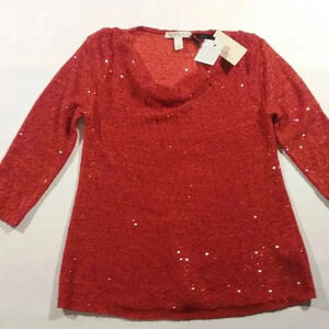 NEW EMALINE Red Sequin 3/4 Sleeves Cowl Neck Top